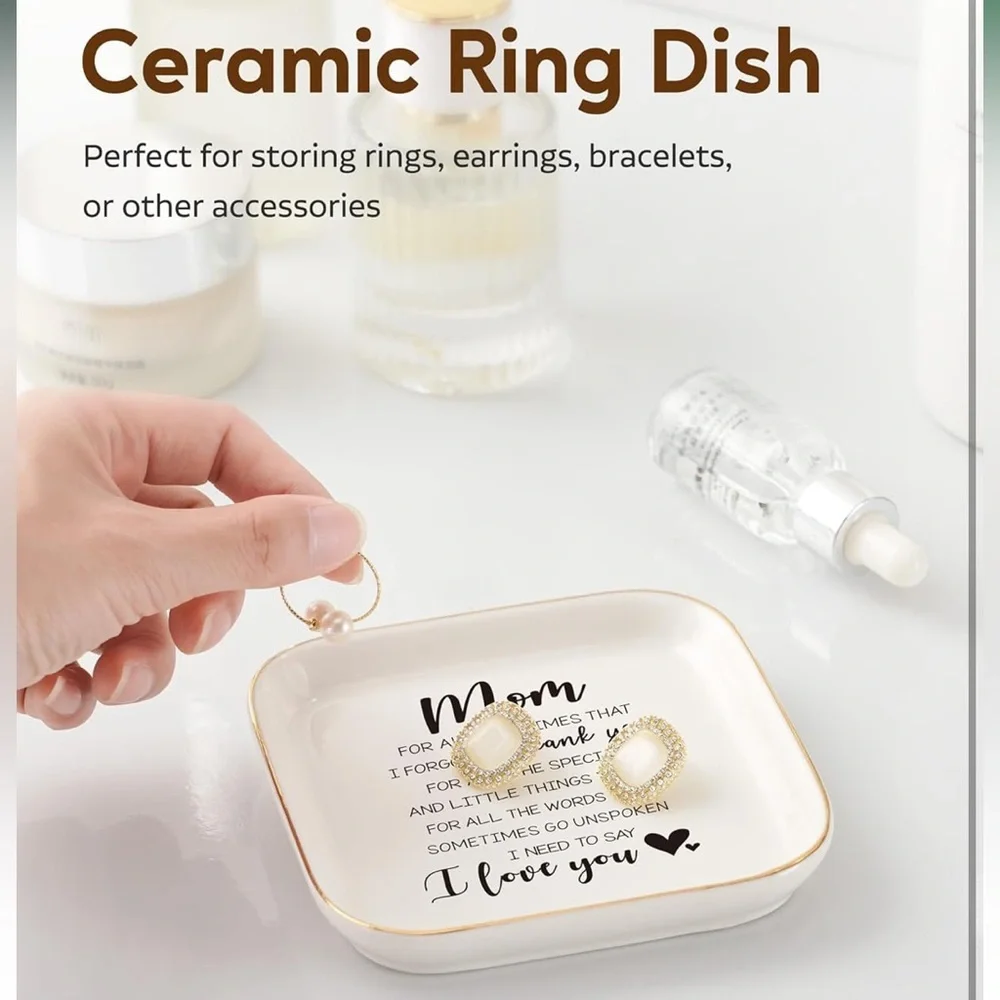 Elegant White Jewelry Dish with Gold Trim for Mom